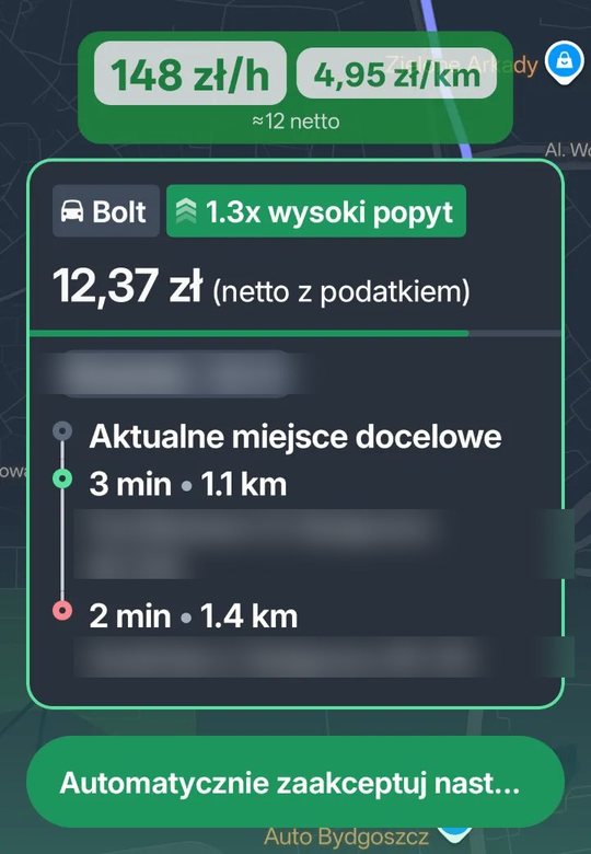 Prawdziwa karta Bolta z plakietką Kerzu 148 zł/h i 4,95 zł/km