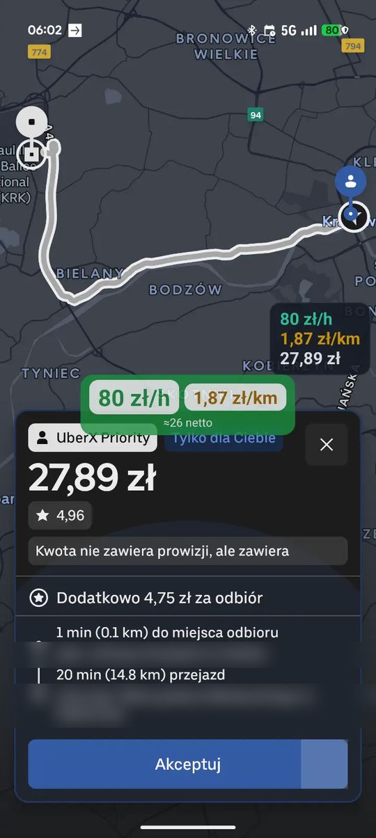 Prawdziwa karta Ubera 27,89 zł z zieloną plakietką Kerzu 80 zł/h