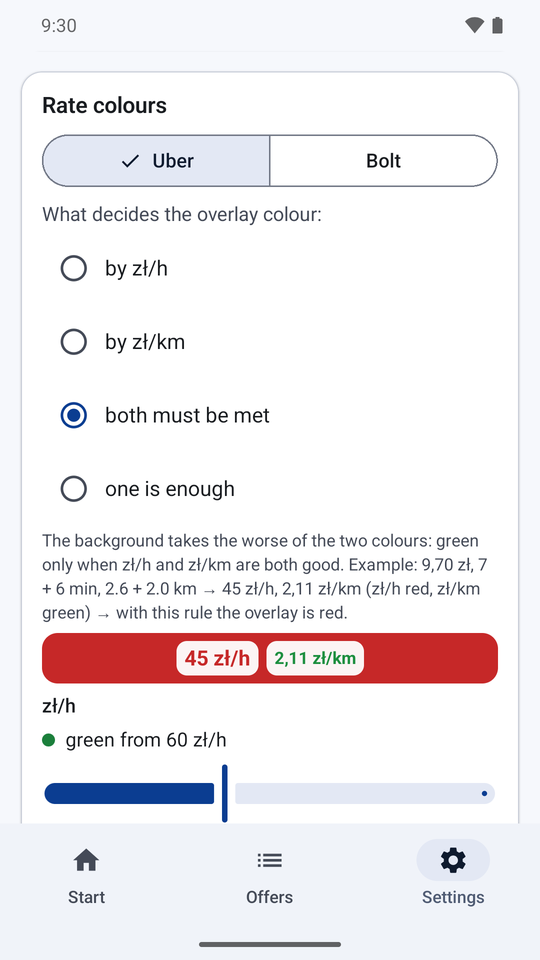 Kerzu settings: zł/h and zł/km colour thresholds, separately for Uber and Bolt