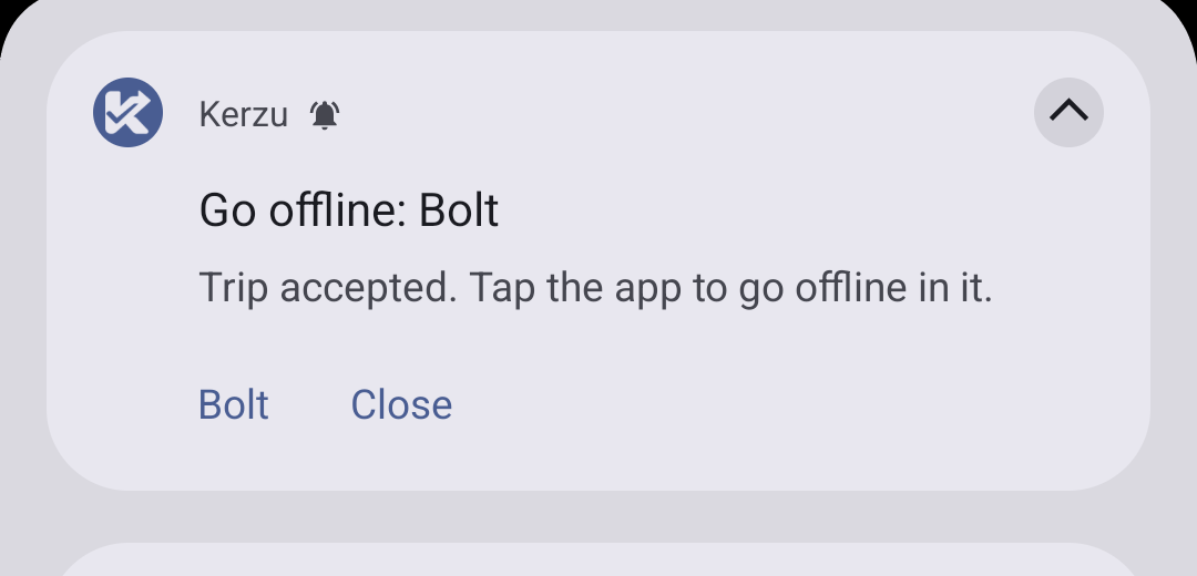 Kerzu notification: Go offline, with a Bolt button