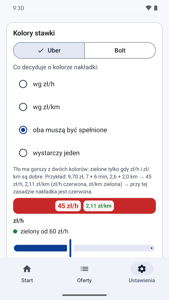 Ustawienia Kerzu: progi kolorów zł/h i zł/km osobno dla Ubera i Bolta