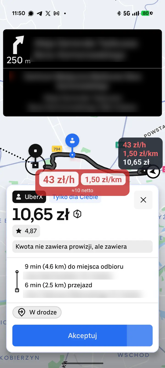Prawdziwa karta Ubera 10,65 zł z czerwoną plakietką Kerzu 43 zł/h
