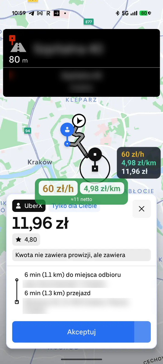Prawdziwa karta Ubera 11,96 zł z żółtą plakietką Kerzu 60 zł/h